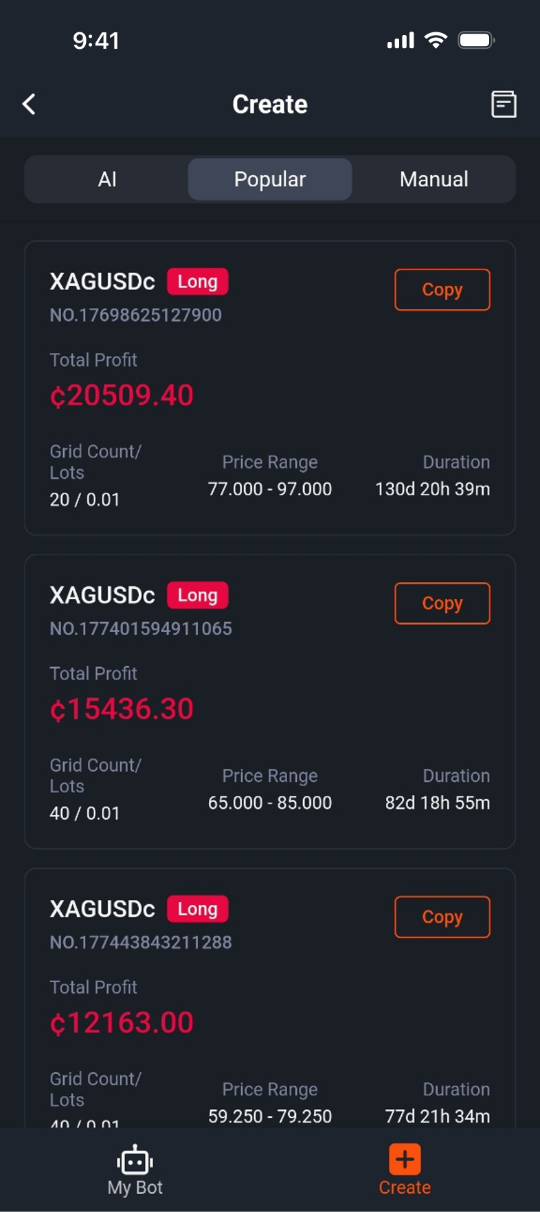 Separuh atas skrin dagangan grid automatik Pocket Forex